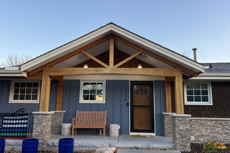 Exterior curb appeal remodel by Murphy Bros. in Maple Grove shows what can be done with a cedar gable porch.