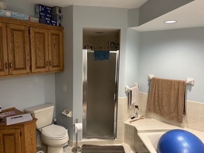 BEFORE: Boys' bath vanity and shower.