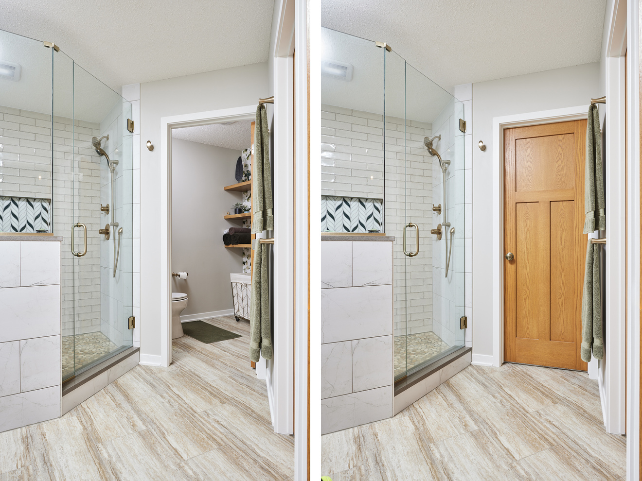 AFTER: Vanity, mirrors, floating shelving and free-standing tub.
