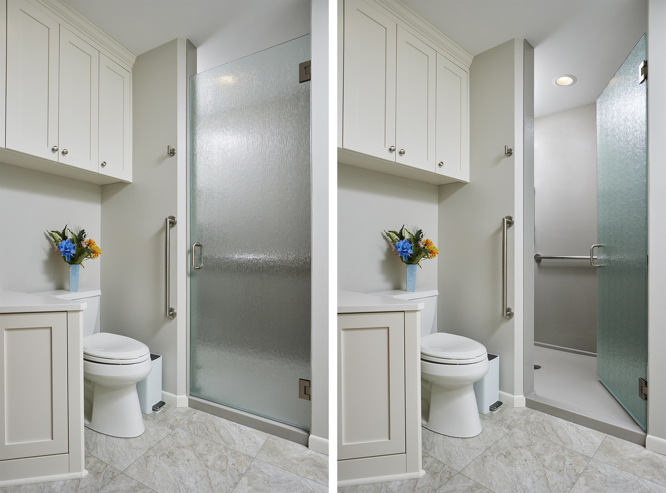 AFTER: Vanity, mirrors, floating shelving and free-standing tub.