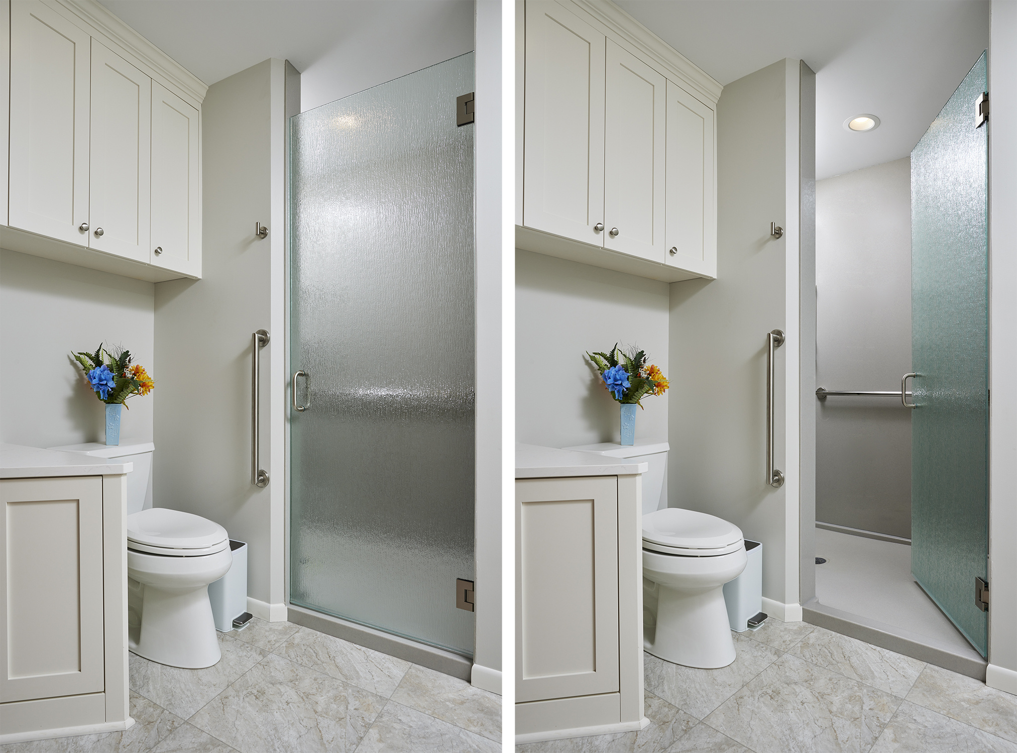 AFTER: Vanity, mirrors, floating shelving and free-standing tub.