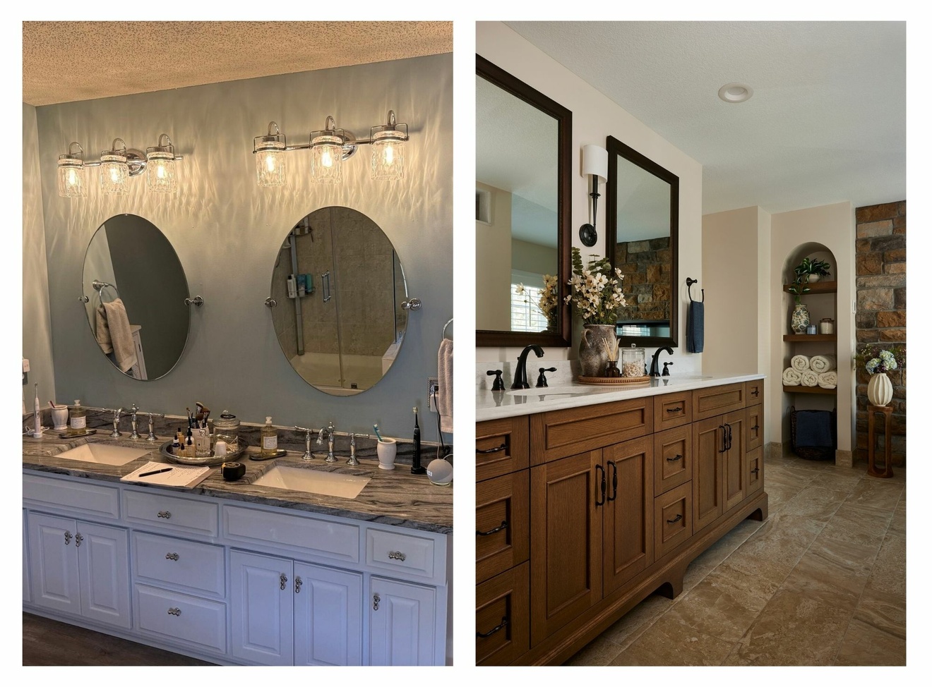 Before and after a Blaine bathroom remodel, updating a painted double vanity with warm wood cabinetry, light countertops, dark fixtures, and rectangular framed mirrors.