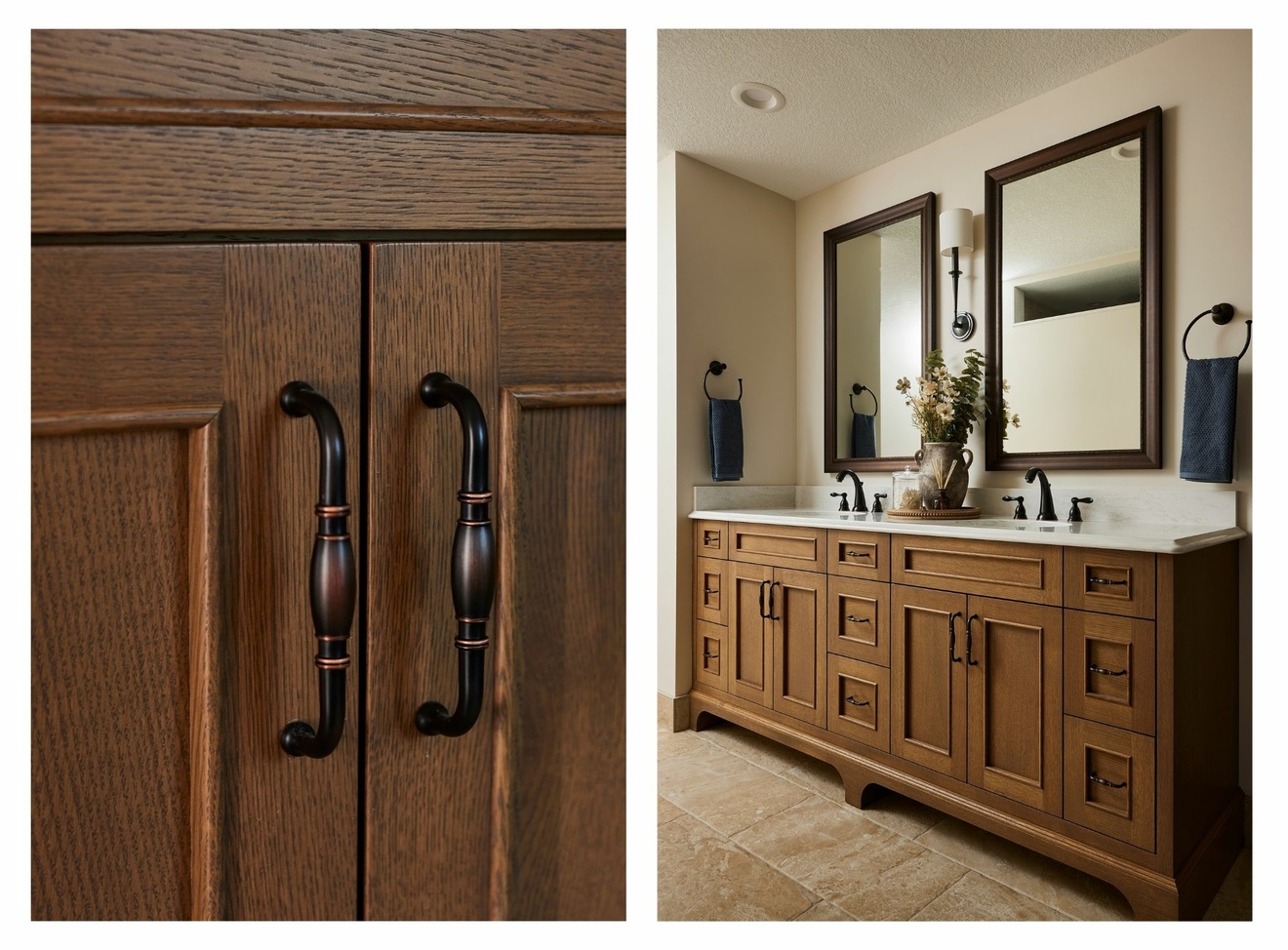 Close-up of dark cabinet pulls alongside a wood double vanity with light countertops, dark faucets, and framed mirrors in a Blaine bathroom remodel.