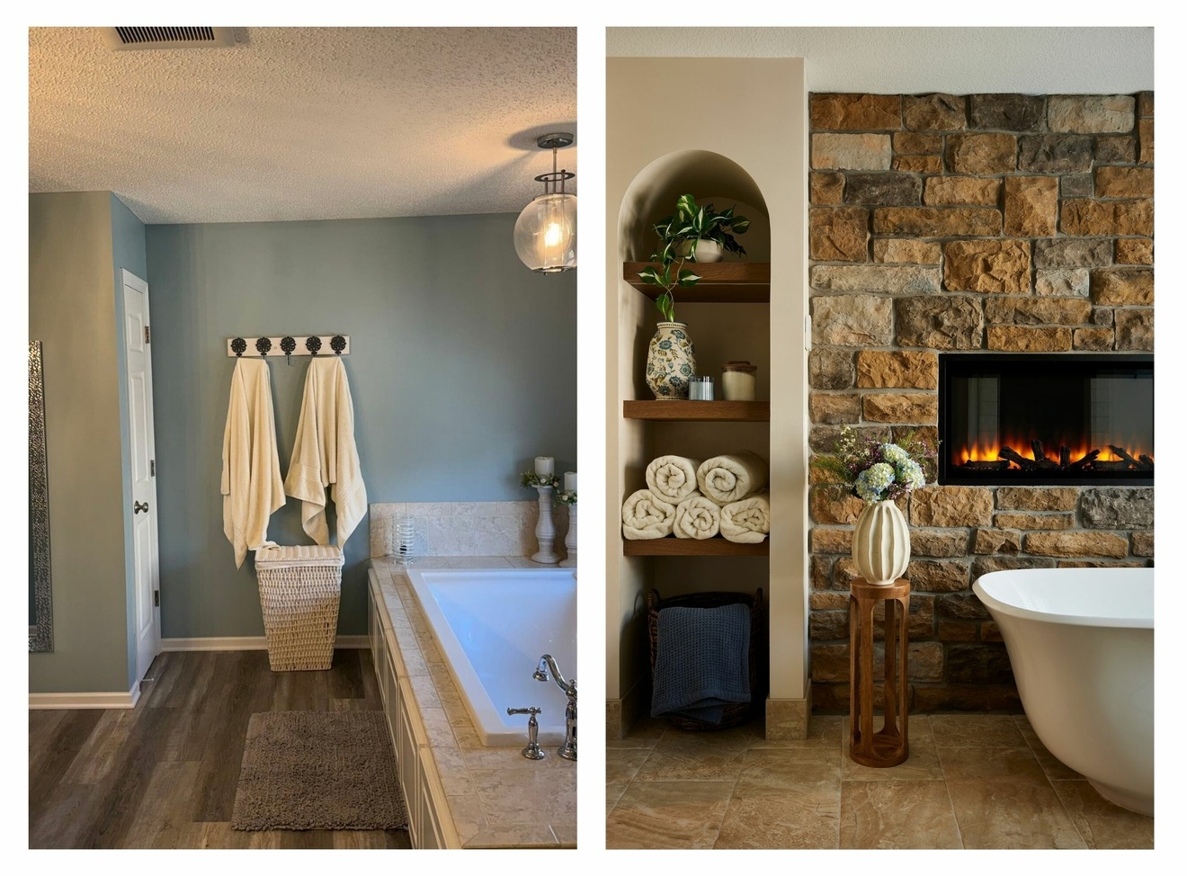 Before and after a Blaine bathroom remodel, replacing a built-in tub and blue walls with a freestanding tub, stone fireplace, and arched shelving.
