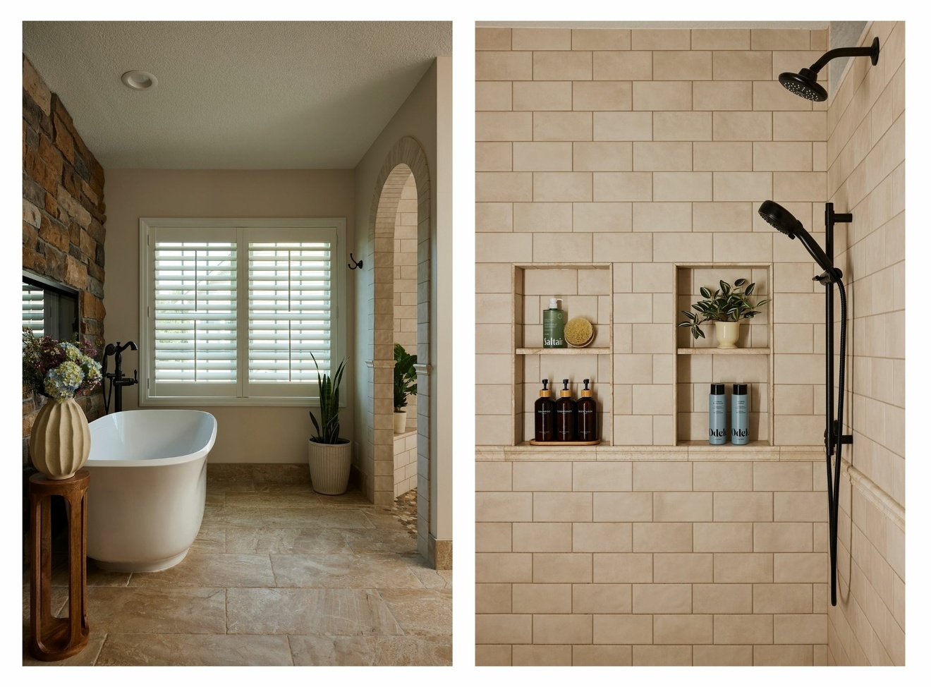 Blaine bathroom remodel featuring a freestanding tub beside a stone fireplace and a tiled shower with recessed storage niches and dark fixtures.