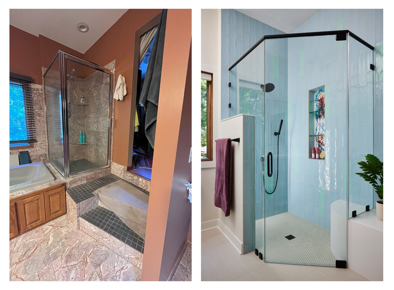 Primary ensuite walk in shower before and after_Murphy Bros. Newport,MN