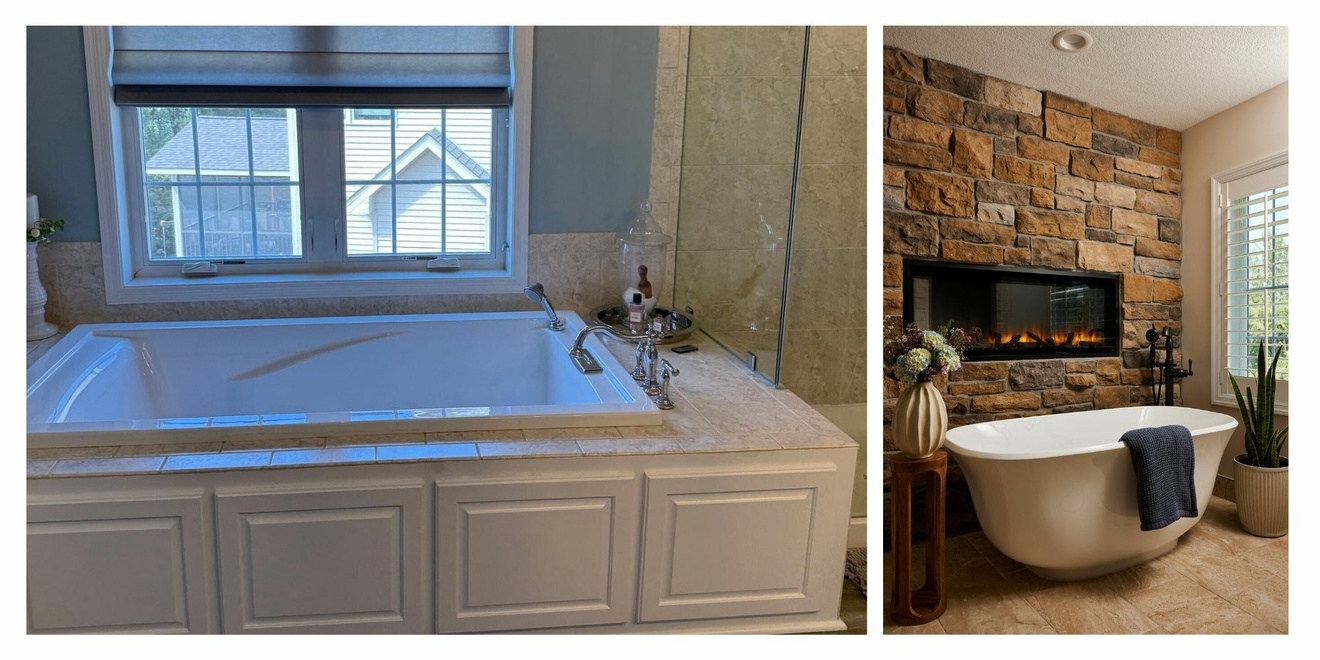 Before and after a Blaine bathroom remodel, showing a built-in tub with a paneled surround replaced by a freestanding soaking tub beside a stone fireplace.