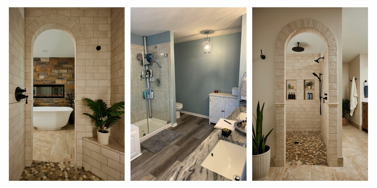Before and after a Blaine bathroom remodel, replacing a glass-enclosed shower with an arched, zero-entry walk-in shower for easy, step-free access.
