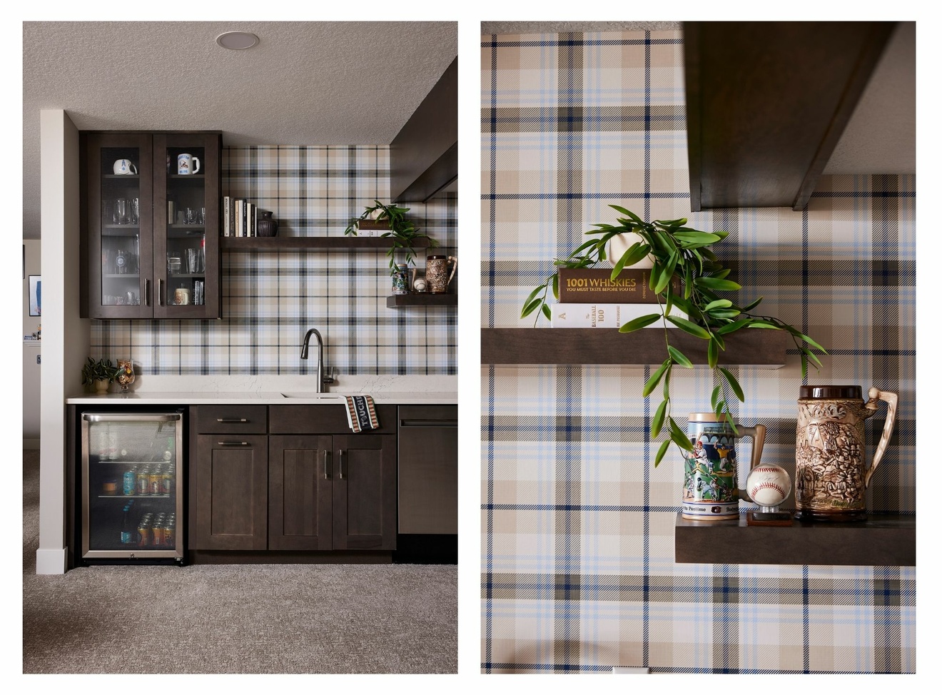 After_Basement wet bar with floating shelves and wallpaper accent_Murphy Bros._Plymouth MN
