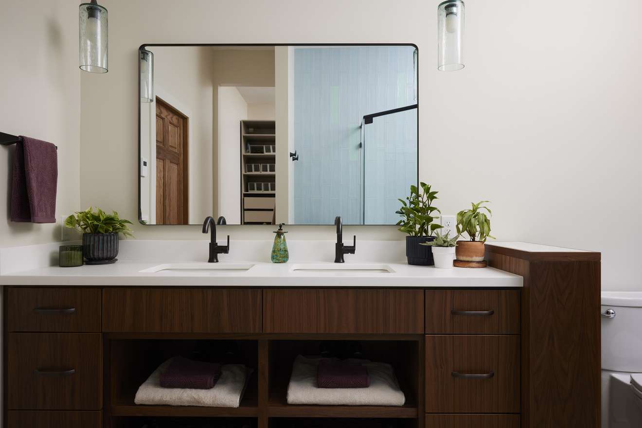 AFTER_Primary bathroom remodel_walnut stained double vanity_Murphy Bros. Newport, MN
