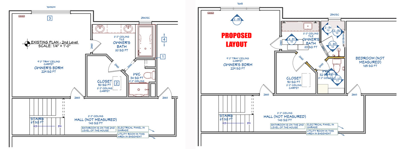 Before and after floor plan comparison.