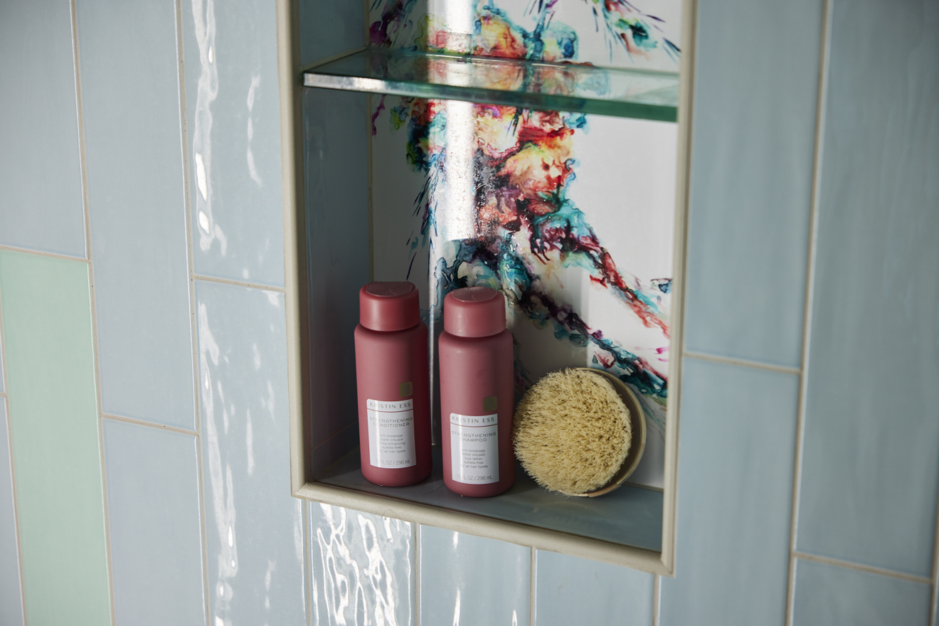 Primary en-suite walk in shower niche and colorful tile_Murphy Bros._Newport, MN